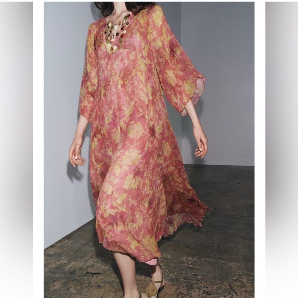 Zara ZW Collection Floral Cape Sleeve Midi Dress S NWT